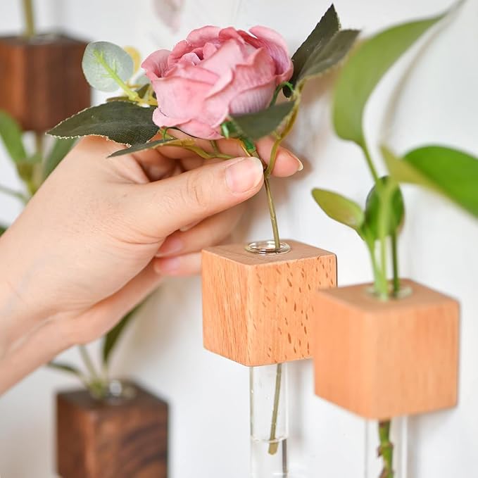 Test Tube Vases Fridge Magnets,Magnetic Wooden Wall Planter Vases Fridge Decor,Cute Test Mini Flower Vase for Hydroponics Plants Flower Display Home Decoration,2 Pieces