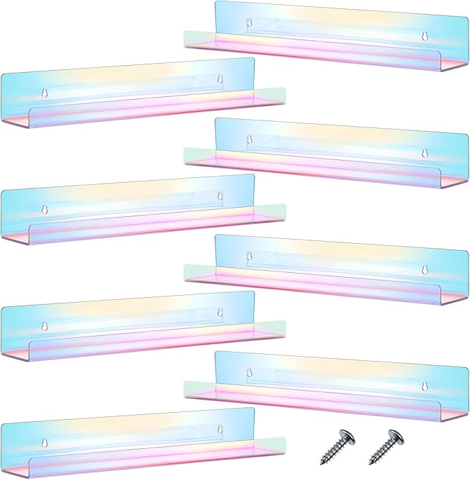 Blulu 8 Packs 14 Inch Acrylic Floating Shelf Wall Mounted Invisible Acrylic Shelf Ledge Floating Bookshelf for Living Room Office Bedroom Bathroom Kitchen Decoration Space Save (Iridescent)