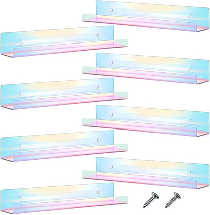 Blulu 8 Packs 14 Inch Acrylic Floating Shelf Wall Mounted Invisible Acrylic Shelf Ledge Floating Bookshelf for Living Room Office Bedroom Bathroom Kitchen Decoration Space Save (Iridescent)