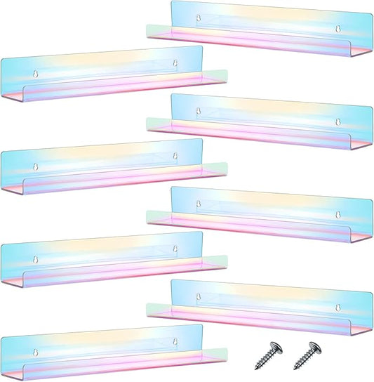 Blulu 8 Packs 14 Inch Acrylic Floating Shelf Wall Mounted Invisible Acrylic Shelf Ledge Floating Bookshelf for Living Room Office Bedroom Bathroom Kitchen Decoration Space Save (Iridescent)