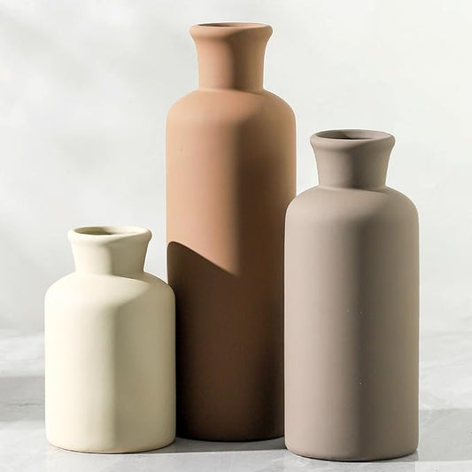 Ceramic Vase Set of 3, Flowers Neutral Modern Vases Home Decor Rustic Farmhouse Decor Pampas Vase for Table Mantel Entryway Shelf Living Room Kitchen Bathroom - Brown