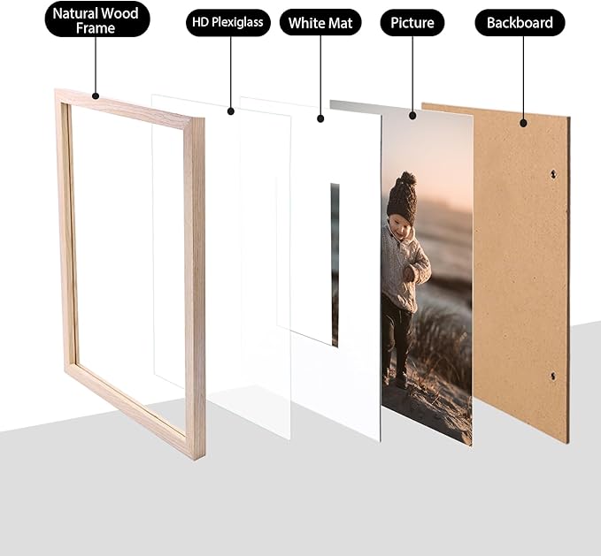 KINLINK 8x12 Picture Frame Natural, Solid Wood Frames with Acrylic Plexiglass for Pictures 6x8 with Mat or 8x12 without Mat, Tabletop and Wall Display Photo Frame, Set of 4