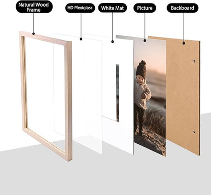 KINLINK 8x12 Picture Frame Natural, Solid Wood Frames with Acrylic Plexiglass for Pictures 6x8 with Mat or 8x12 without Mat, Tabletop and Wall Display Photo Frame, Set of 4