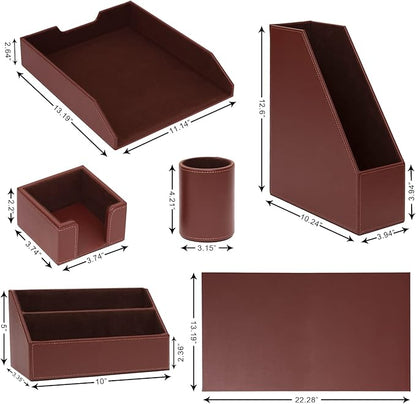 6 Piece Office Supplies/Desk Organizer Set with Desktop Leather Writing Pad,File Paper Tray,Magazine folder Holder, Pen Cup,Sticky Note Holder,Letter Mail Sorter,Workspace Decor for Women Men Brown