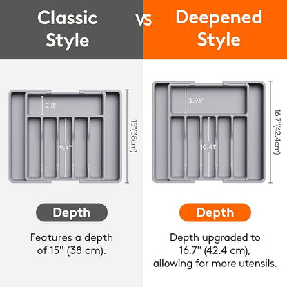 Lifewit Deep Silverware Drawer Organizer for Kitchen, Expandable Utensil Tray, Adjustable Flatware Cutlery Holder, Large Plastic Kitchen Storage for Spoons Forks Knives, 22.4 x 16.7 x 2 inches, Gray