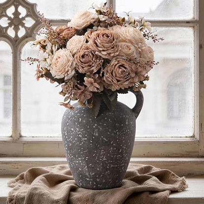 Ceramic Decorative Flower Vase with Handle, 8.85 Inch Black Pottery Rustic Farmhouse Vase for Home Decor, Living Room, Shelf Decor, Wedding, Housewarming Gift