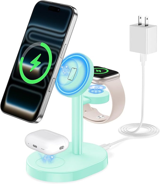 2025 3 in 1 Wireless Charging Station for Apple MagSafe Charger, 15W Fast Mag-Safe Charger Stand for iPhone 17 16 15 14 13 12 Apple Watch AirPods Compatible with MagSafe, Mint