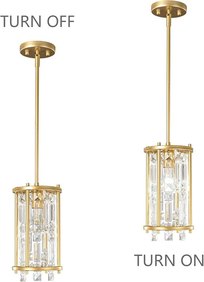 LMQNINE Modern Gold Pendant Lights Kitchen Island, Crystal Chandelier Lights Fixture, Elegant Adjustable Pendant Lighting for Dining Room Bedroom (Round 1-Light)