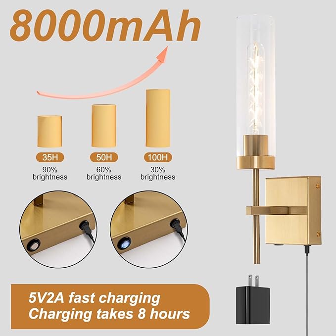 Battery Operated Wall Sconce,Rechargeable Wall Light 8000mAh Fast Chargin Dimmable 3000K/6000K 2Color Bulbs Endurance 100 Hours Infinitely with Remote Control Wall Sconce Set of 2 for Bedroom Living