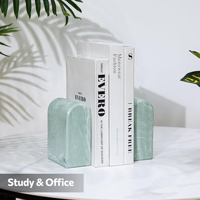 Luxury Marble Bookends for Shelves, 13LB Heavy Duty Marble Book Ends for Heavy Books, Stone Bookends Decorative, Polished, Light Green Arch, Set of 2