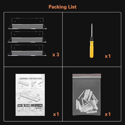 Jansburg 12 Inch L-Shaped Acrylic Floating Shelf Clear Wall Mounted Shelves Invisible 5MM Thick Shelf for Wall Storage Clear Shelves for Makeup Photo Picture Book Record Display 3 Pack