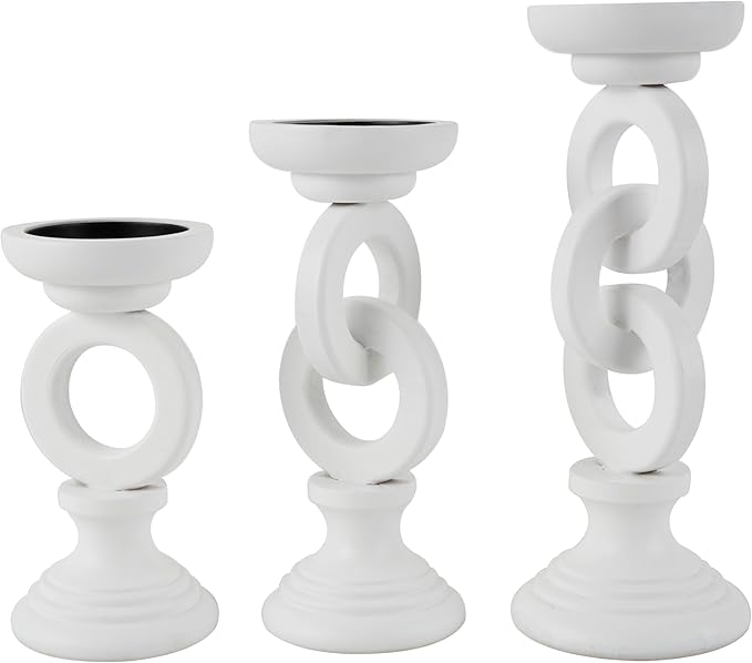 Deco 79 Wooden Decorative Candle Holder Chain Link Candle Stand, Set of 3 Candlestick Holder 13", 11", 9" H, White