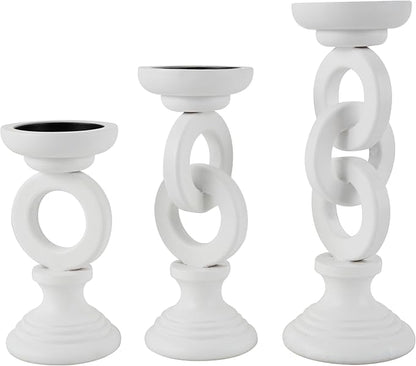 Deco 79 Wooden Decorative Candle Holder Chain Link Candle Stand, Set of 3 Candlestick Holder 13", 11", 9" H, White