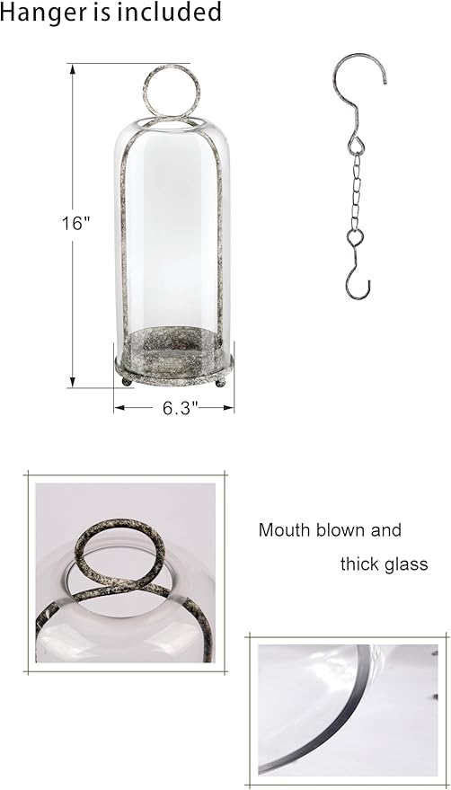16" High Versatile Modern Metal Hurricane Lantern with Handmade Sturdy Glass Dome in Rustic Black for Pillar Candle & Plants, Industrial, Farmhouse, Shabby Chic