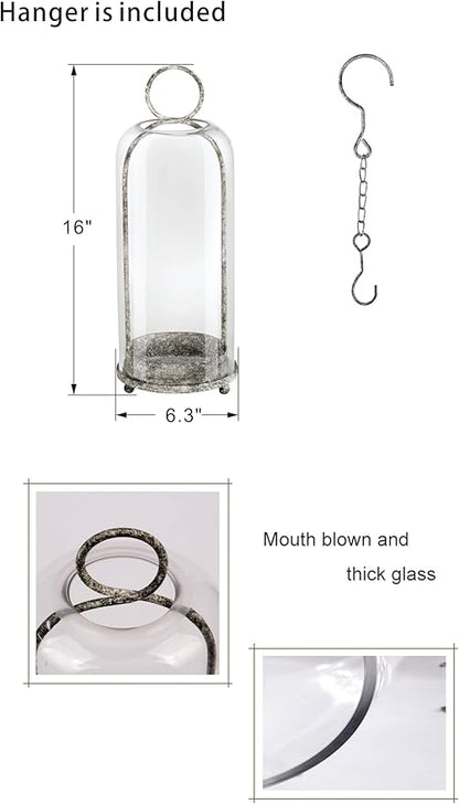 16" High Versatile Modern Metal Hurricane Lantern with Handmade Sturdy Glass Dome in Rustic Black for Pillar Candle & Plants, Industrial, Farmhouse, Shabby Chic
