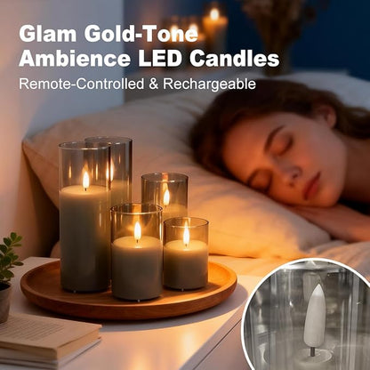 Rechargeable Flameless Candle, Flashing LED Pillar Real Wax Candle with Remote Control and Timer, Clear Glass Electronic Candles, 1 Set of 5（Gray）