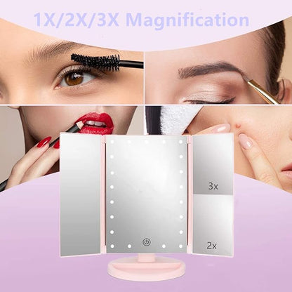 Tri-fold Lighted Vanity Makeup Mirror with 3x/2x Magnification,21 LED Lights and Touch Screen,180 Degrees Free Rotation Countertop Cosmetic Mirror,Travel(Pink)