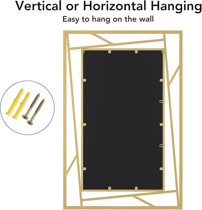 Brushed Gold Bathroom Mirror, 36''X24'' Rectangular Wall Mirrors with Geometric Metal Frame for Bathroom Bedroom Living Room, Hang Horizontally or Vertically