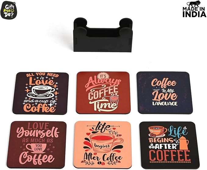 GKD Wooden Coasters for Drinks, Motivational MDF Wooden Coasters Set of 6 with Holder, 3.8 inches Eco-Friendly Absorbent Coaster for Coffee Table, Office, Bar, Drinking Glasses, Tabletop Protection