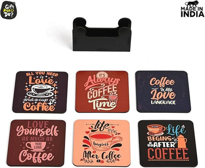 GKD Wooden Coasters for Drinks, Motivational MDF Wooden Coasters Set of 6 with Holder, 3.8 inches Eco-Friendly Absorbent Coaster for Coffee Table, Office, Bar, Drinking Glasses, Tabletop Protection