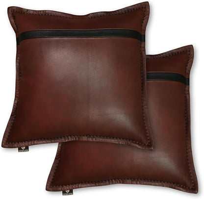 LL LEATHER LOVERS Genuine Lambskin Leather Pillow Cover, 16x16 Inch Case for Lumbar Throw Couch Pillows, Thick & Soft Cushion Covers for Sofa Bed Home Décor (Dark Brown & Black Box Pack of 2)