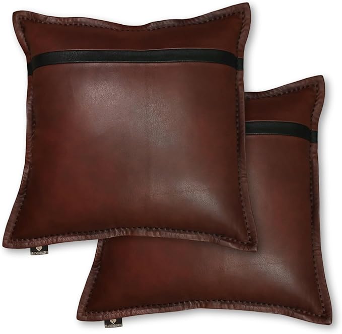 LL LEATHER LOVERS Genuine Lambskin Leather Pillow Cover, 20x20 Inch Case for Lumbar Throw Couch Pillows, Thick & Soft Cushion Covers for Sofa Bed Home Décor (Dark Brown & Black Box Pack of 2)