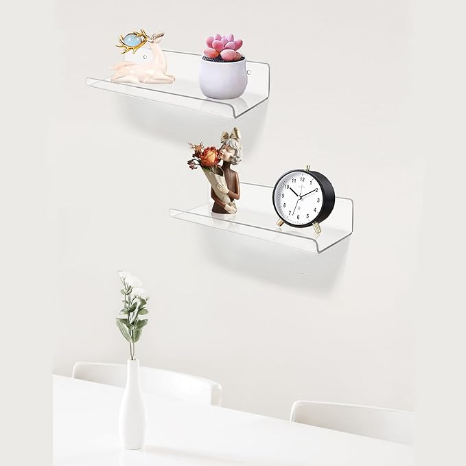 ROYALITA Small Acrylic Shelves Wall Mounted | Set of 2 | 12 Inches | Wall Hanging Plant Display Shelves, Room Decor Floating Wall Shelves for Gaming Room Bedroom, Living Room, Office, Clear