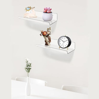 ROYALITA Small Acrylic Shelves Wall Mounted | Set of 2 | 12 Inches | Wall Hanging Plant Display Shelves, Room Decor Floating Wall Shelves for Gaming Room Bedroom, Living Room, Office, Clear
