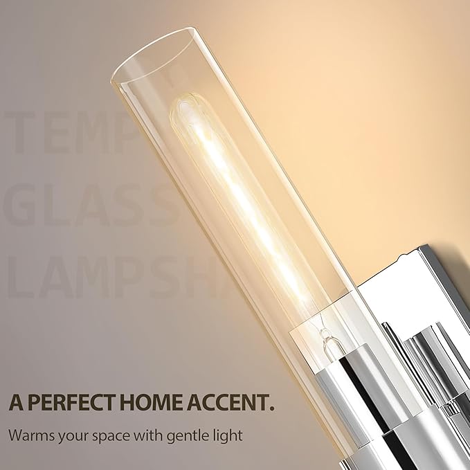 Wall Sconces Set of 2, 22.8" Chrome Bathroom Sconces, Indoor Sconces Lighting with Glass, Nickel Vanity Lights with Tube, Dimmable Bedroom Bedside Wall Light for Dressing Table Staircase