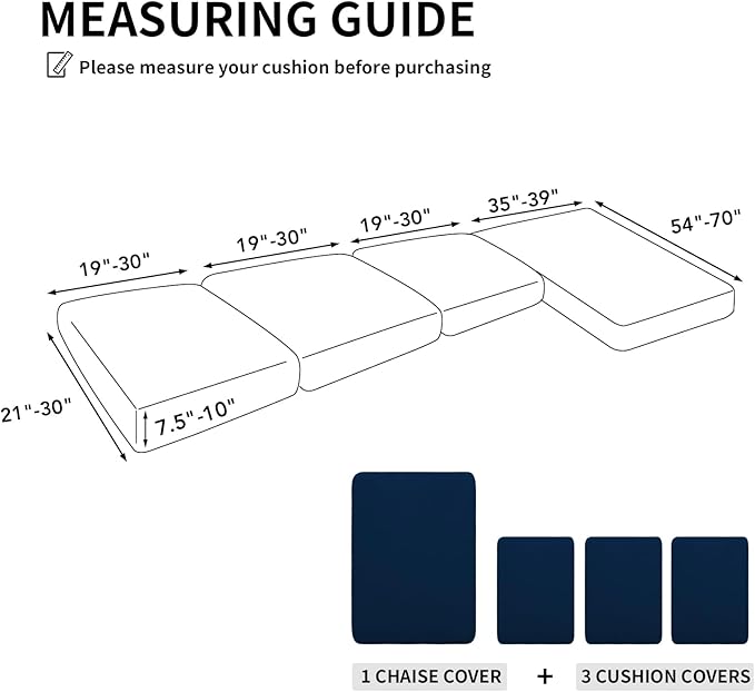 Easy-Going 100% Waterproof 4 Pieces Couch Cushion Covers for Sectional Sofa Left/Right L Shape Chaise Lounge Sofa Seat slipcover Anti-Slip Sofa Cover (3 Seater + 1 Chaise, Navy