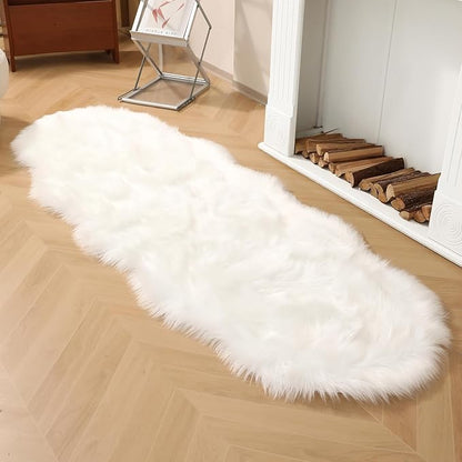 Faux Fur Rug Runner 2x6 ft White - Machine Washable Super Soft Plush Shaggy Fluffy Area Carpet,Sheepskin Rug Fuzzy Floor Mat for Bedroom, Sofa,Living Room, Bedside, Nursery & Kids Room