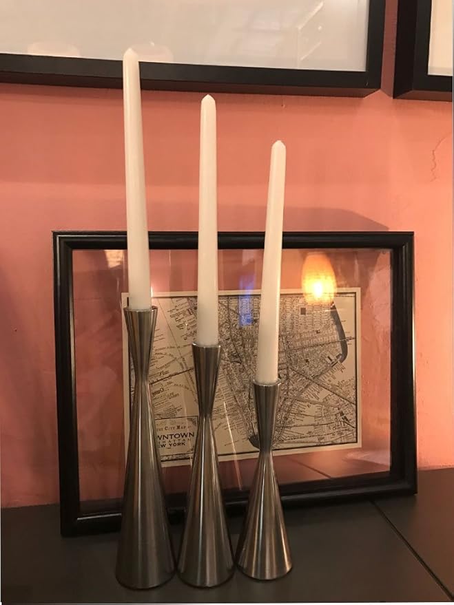 Set of 3 Silver Brushed Metal Taper Candle Holders Candlestick Holders Vintage Modern Decorative Centerpiece Candlestick Holders for Table Mantel Wedding Housewarming (Shiny Silver, S+M+L/Set)