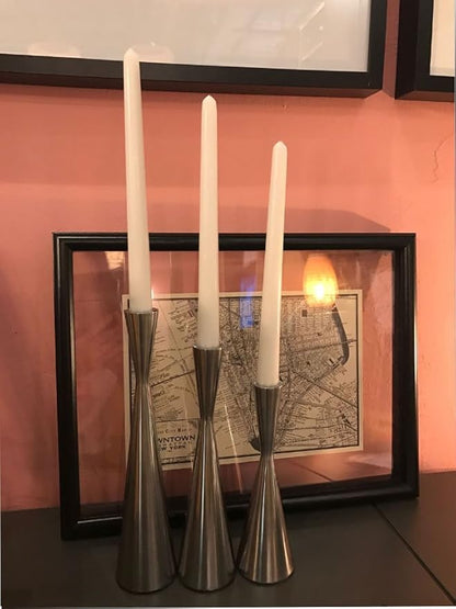 Set of 3 Silver Brushed Metal Taper Candle Holders Candlestick Holders Vintage Modern Decorative Centerpiece Candlestick Holders for Table Mantel Wedding Housewarming (Shiny Silver, S+M+L/Set)