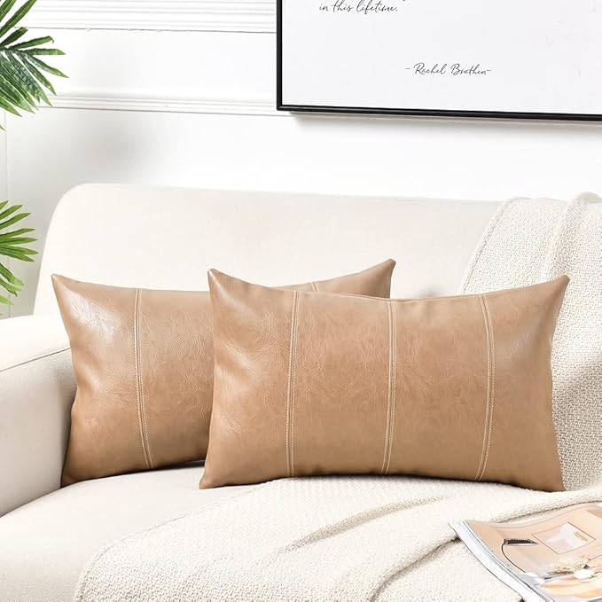 Fancy Homi 2 Packs Tan Long Lumbar Faux Leather Decorative Throw Pillow Covers 16x24 Inch for Outdoor Couch Bed, Beige Hand Stitched Cushion Case 40x60 cm, Taupe Modern Farmhouse Home Decor
