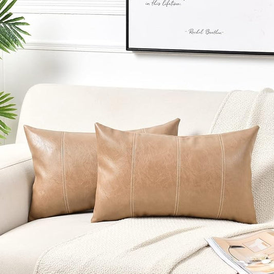 Fancy Homi 2 Packs Tan Long Lumbar Faux Leather Decorative Throw Pillow Covers 12x24 Inch for Outdoor Couch Bed, Beige Hand Stitched Cushion Case 30x60 cm, Taupe Modern Farmhouse Home Decor
