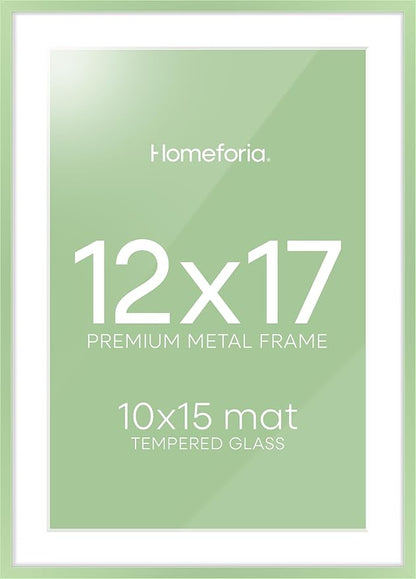 Homeforia 12x17 Picture Frame Sage Green, High End Metal 12x17 Poster Frames with Mat 10x15 Photo, 12 x 17 Sage Green Frame Matted to 10 by 15 Art, 17x12 Thin Frame, Tempered Glass, Wall Kit, Set of 1