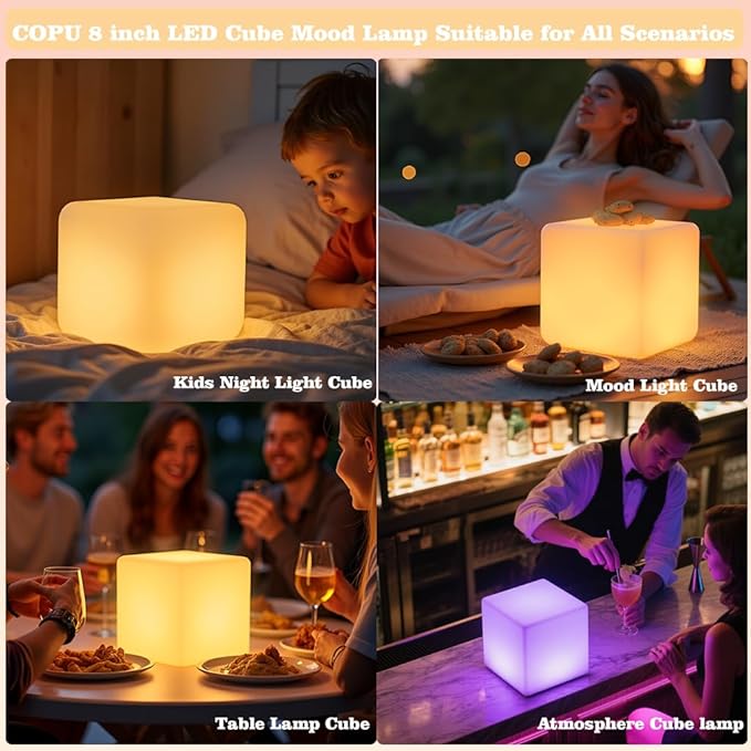 8-inch Waterproof LED Light Cube, USB Rechargeable Mood Light, 16 RGB Colors Changing Night Lights with Remote, Nursery Glow Kid Stool for Kids Room, Bedroom & Outdoor Decor