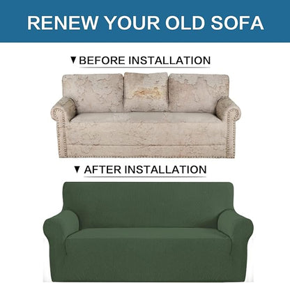 H.VERSAILTEX Stretch Couch Covers for Sofa 1 Piece Slipcovers for Couches 3 Seater Couch Cover Feature Thick Checked Jacquard Fabric with Elastic Bottom(Large Sofa 90"-100" Wide, Bronze Green)