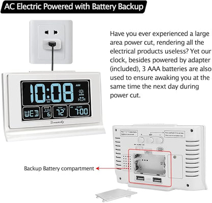 DreamSky Alarm Clocks for Bedrooms with Battery Backup, Auto Set Digital Clock with Date and Day of Week, 5 Inch Large Display with Weekday Temperature, USB Ports, Auto DST, Brightness Dimmer, 12/24H