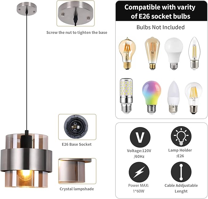 Pendant Lights Kitchen Island Lighting,7 Inch Adjustable Mini Glass Haning Lights for Entrance Aisle Decorative Lighting Fixture for Dining and Bar Table (Brushed Nickel)