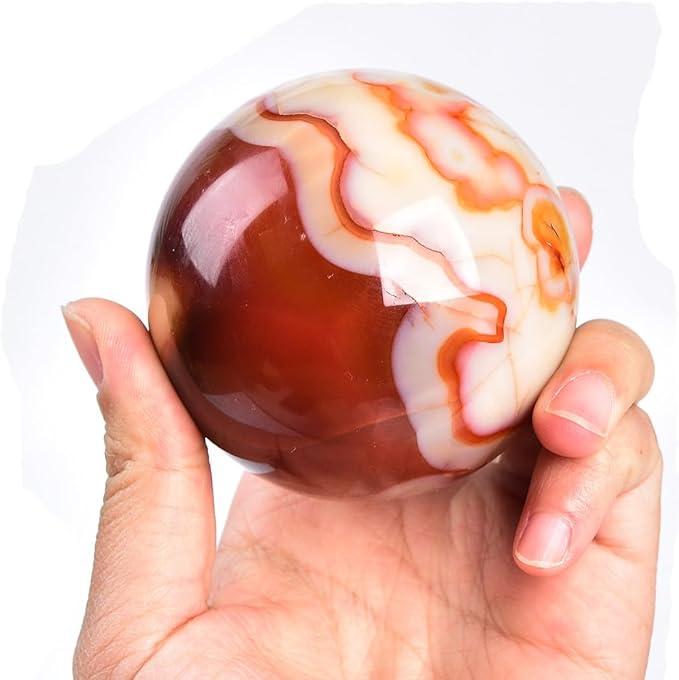 JIC Gem Natural Red Agate Crystal Ball Round Healing Crystals Decorative Sphere with Wooden Stand Meditation Home Decor 2.3-2.7 inch (60-70mm)
