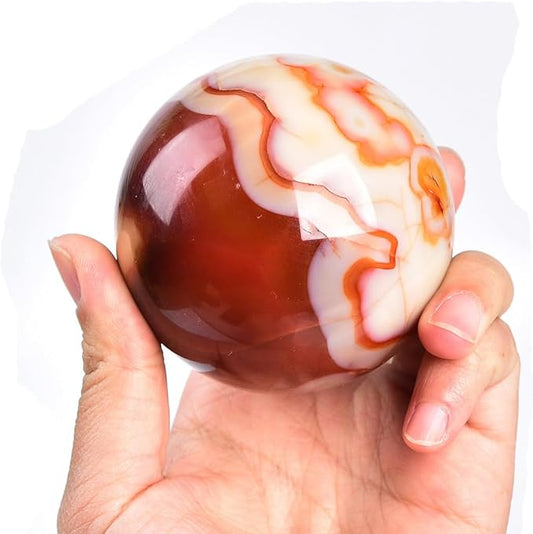 JIC Gem Natural Red Agate Crystal Ball Round Healing Crystals Decorative Sphere with Wooden Stand Meditation Home Decor 2.3-2.7 inch (60-70mm)