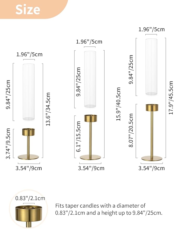NUPTIO Hurricane Candle Holder for Centerpiece: Set of 6 Gold Taper Candle Holders Bulk - Tall Brass Candlestick Holders with Cylinder Shape Cover for Dinner Table Christmas Decor