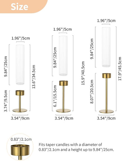 NUPTIO Hurricane Candle Holder for Centerpiece: Set of 6 Gold Taper Candle Holders Bulk - Tall Brass Candlestick Holders with Cylinder Shape Cover for Dinner Table Christmas Decor