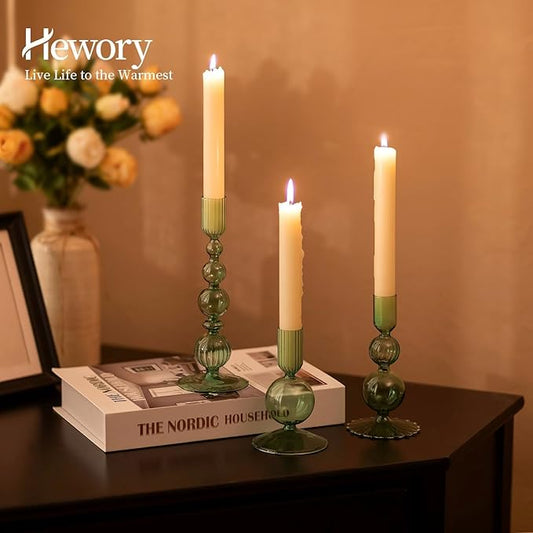 Hewory Glass Candlestick Holders Set: 3PCS Green Candle Holder Taper Candle Holders Bulk, Crystal Ribbed Candle Sticks Holder Decor for Table Centerpiece Wedding Christmas Thanksgiving Dinner