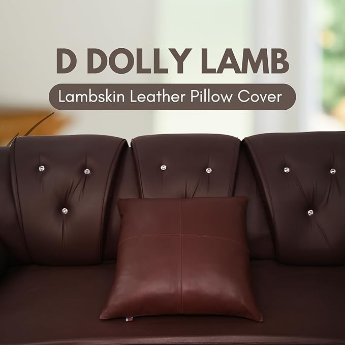 D DOLLY LAMB Lambskin Leather Pillow Cover - Sofa Cushion Case - Decorative Throw Covers for Living Room & Bedroom, 16x16 Inches - Dark Brown Plain Pack of 1