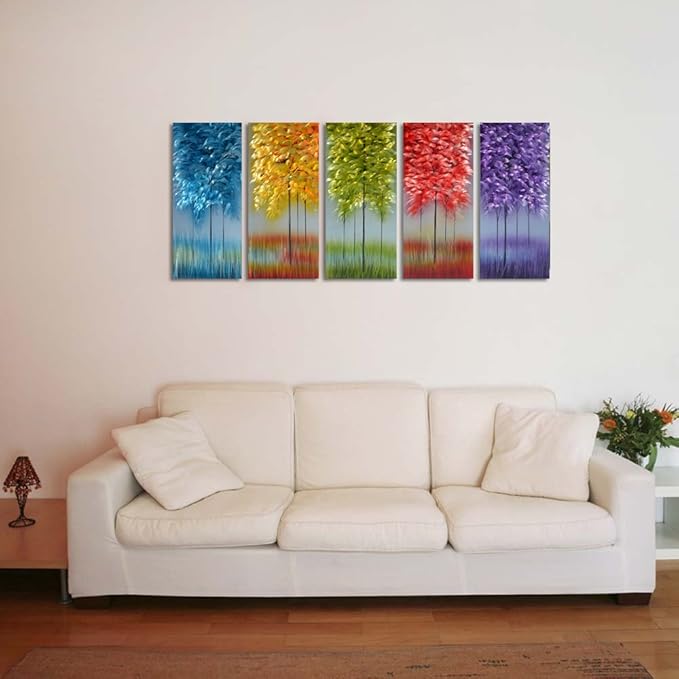 MyArton Handmade Metal Wall Art with Bog Life Multi-Colored Tree, 3D Abstract Design Artwork for Modern and Contemporary Decor, Indoor Outdoor Wall Decorations, 5-Panels Metal Art Measure 24"x 64"