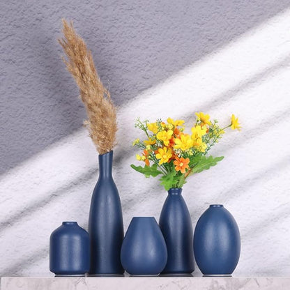 Blue Ceramic Vase - Set of 5 Blue Bud Vases, Modern Farmhouse Navy Blue Decorative Vases for Home, Office, Living Room, Table Decor - Ideal Centerpieces for Flowers, Shelf and Fireplace Accents