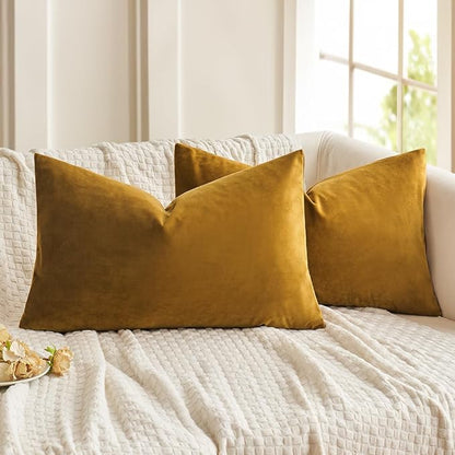 MIULEE Velvet Throw Pillow Covers 12x20 Inch, Pack of 2 - Mustard Yellow, Soft Solid Lumbar Decorative Pillow Covers Modern Luxury Home Decor for Spring Couch Sofa Bedroom Livingroom