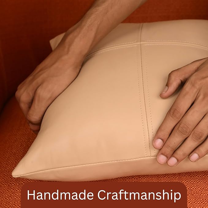 LL LEATHER LOVERS Lambskin Leather Pillow Cover, Hand Panel Stitched Leather Decorative Throw Pillow Covers for Couch Sofa Bed Living Room Garden (14x14 Inches, Beige Pack of 1)